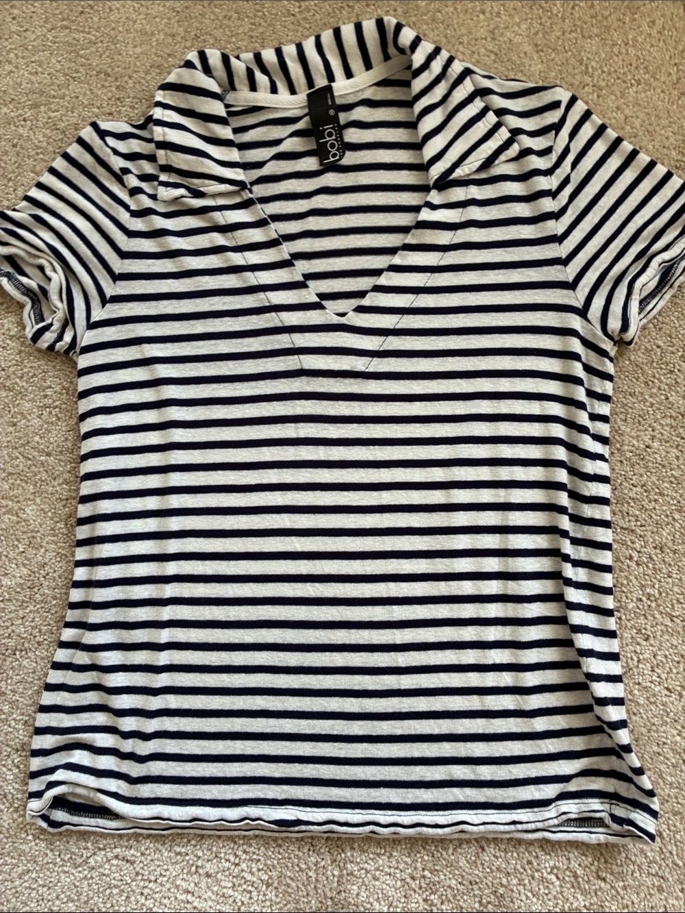 bobi Navy & White Striped V-Neck Collared Short Sleeve Tee